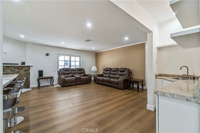 living room featuring sink and dark wood-type flooring