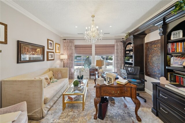 home office with crown molding, a textured ceiling, and a chandelier