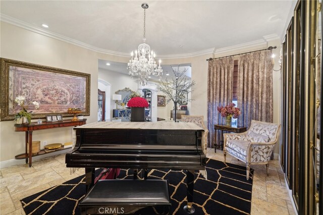 miscellaneous room with crown molding and a notable chandelier