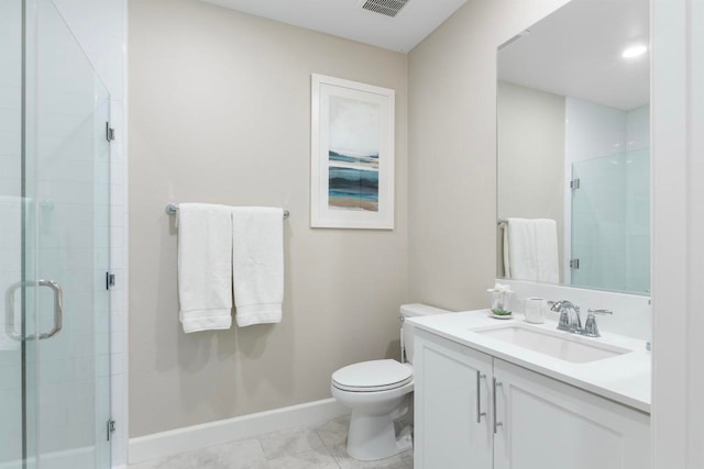 bathroom with walk in shower, vanity, toilet, and tile patterned floors