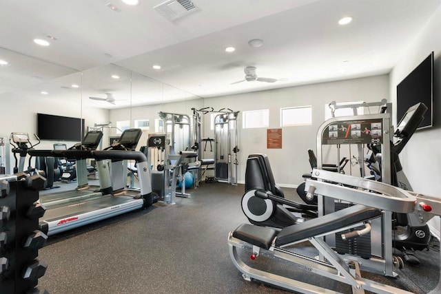 workout area with ceiling fan