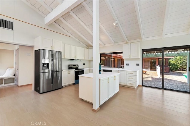 kitchen featuring white cabinetry, light hardwood / wood-style flooring, high vaulted ceiling, and appliances with stainless steel finishes