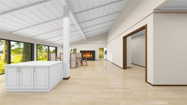 interior space with lofted ceiling with beams, light hardwood / wood-style flooring, and wooden ceiling