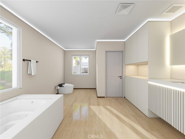 bathroom featuring a washtub, wood-type flooring, plenty of natural light, and radiator