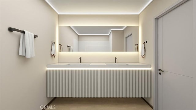 bathroom featuring hardwood / wood-style flooring, radiator, and sink