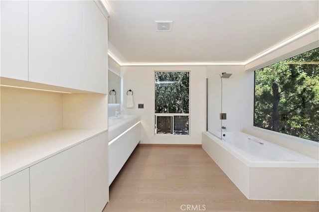 bathroom featuring a bathtub, wood-type flooring, and vanity