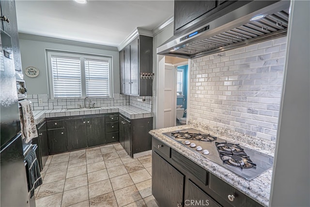 kitchen featuring sink, stainless steel gas stovetop, backsplash, exhaust hood, and ornamental molding