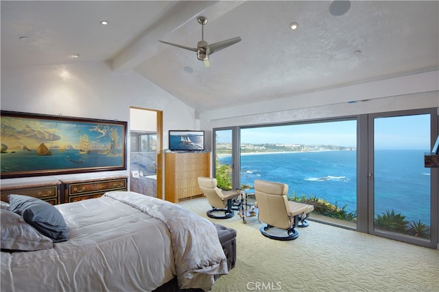 carpeted bedroom featuring lofted ceiling with beams, ceiling fan, and access to exterior