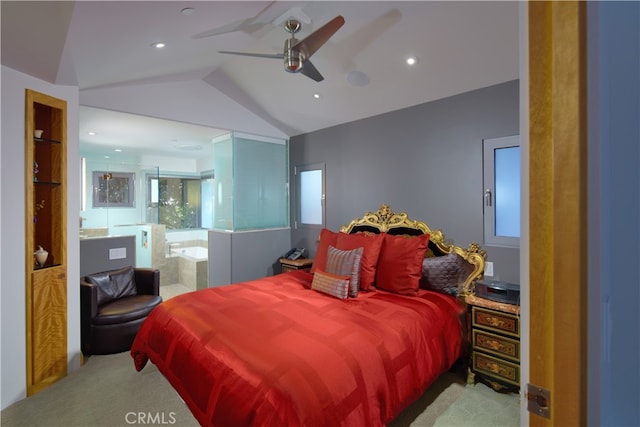 bedroom with ceiling fan, light colored carpet, and lofted ceiling