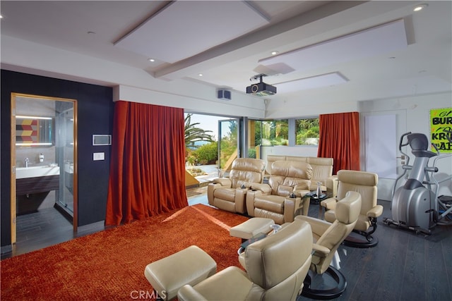 cinema room featuring dark hardwood / wood-style flooring