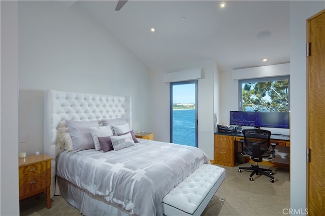 bedroom featuring carpet floors, access to outside, vaulted ceiling, and ceiling fan