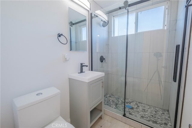 bathroom with walk in shower, vanity, and toilet