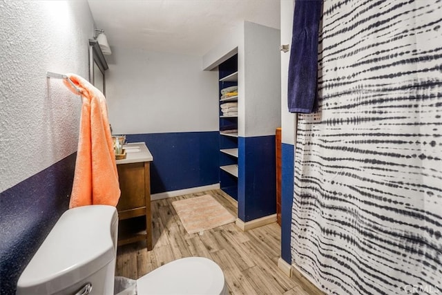 bathroom featuring toilet, vanity, and wood-type flooring