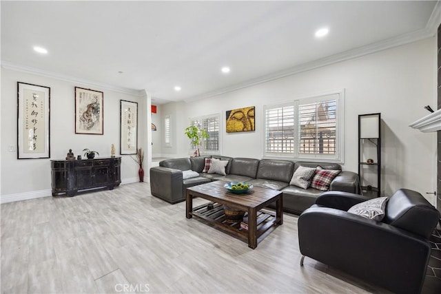 living room featuring crown molding and light hardwood / wood-style floors