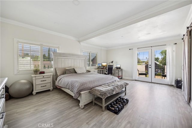 bedroom with crown molding, access to exterior, multiple windows, and light hardwood / wood-style flooring