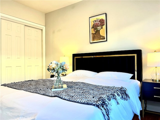 bedroom featuring a closet and dark hardwood / wood-style flooring