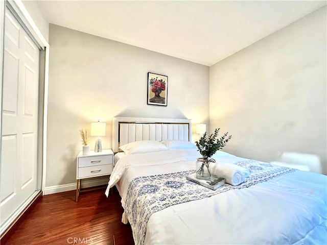 bedroom featuring dark wood-type flooring and a closet