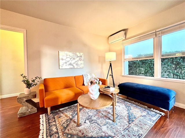 interior space with a wall mounted air conditioner and dark hardwood / wood-style floors