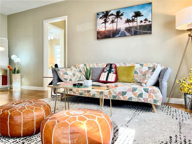 living room with hardwood / wood-style floors and ceiling fan