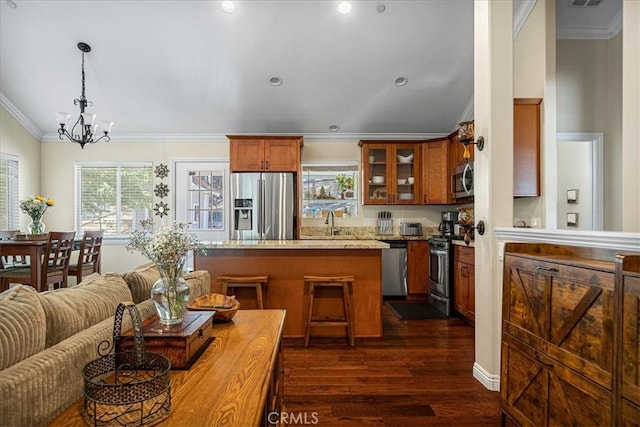 kitchen featuring hanging light fixtures, dark wood-type flooring, stainless steel appliances, crown molding, and a notable chandelier