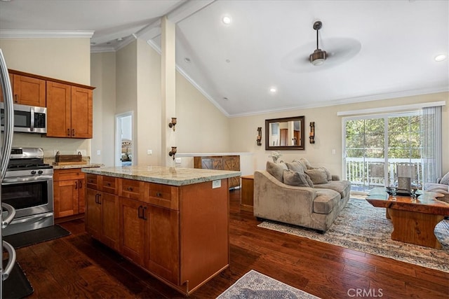 kitchen featuring appliances with stainless steel finishes, vaulted ceiling, dark hardwood / wood-style flooring, crown molding, and a center island