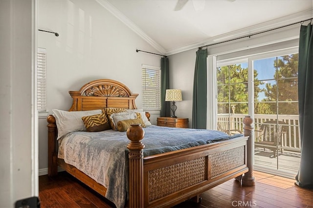 bedroom with vaulted ceiling, access to exterior, ceiling fan, ornamental molding, and dark hardwood / wood-style floors