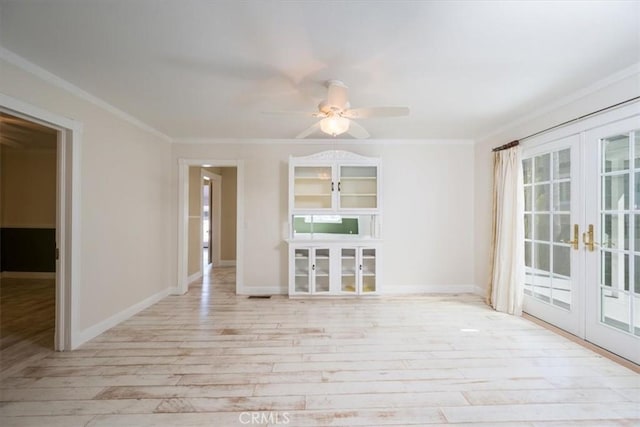 555 Le Point St, Arroyo Grande, CA 93420 - empty room featuring ornamental molding, baseboards, french doors, a ceiling fan, and light wood-style flooring