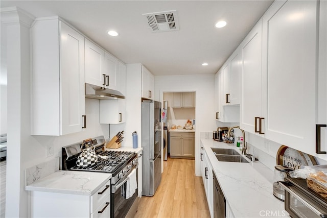 kitchen featuring white cabinets, appliances with stainless steel finishes, light wood-type flooring, and sink