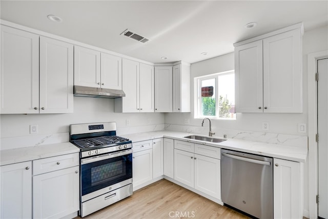 kitchen with white cabinetry, light hardwood / wood-style floors, appliances with stainless steel finishes, and sink