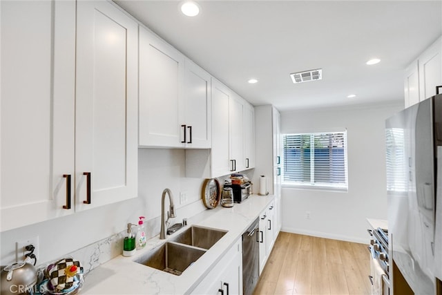 kitchen featuring white cabinets, light hardwood / wood-style floors, appliances with stainless steel finishes, and sink