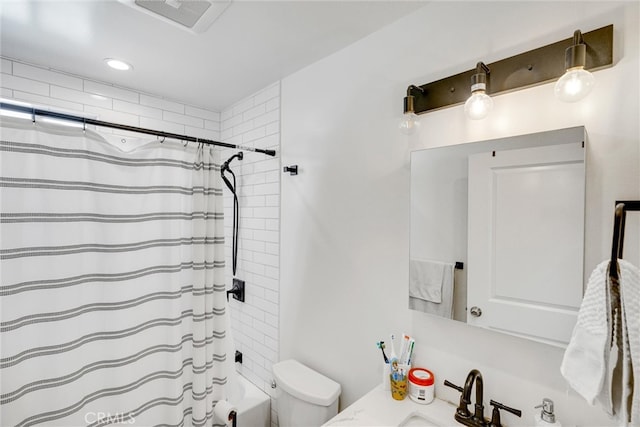 full bathroom with vanity, toilet, and shower / bathtub combination with curtain