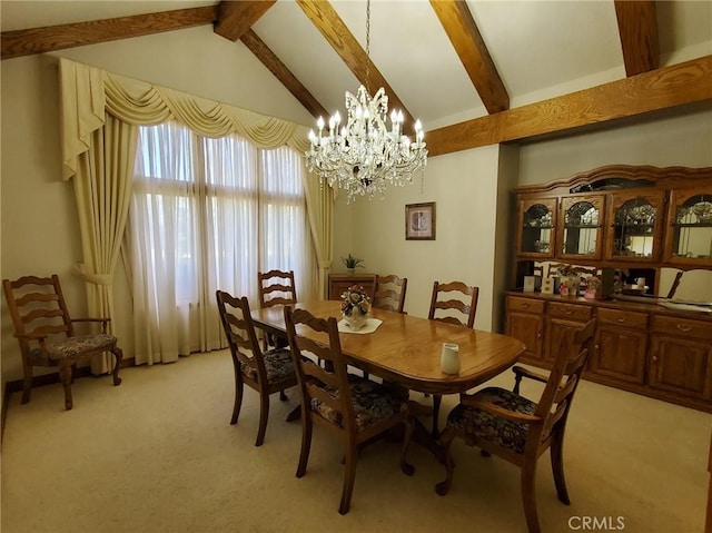 carpeted dining area with vaulted ceiling with beams and a chandelier