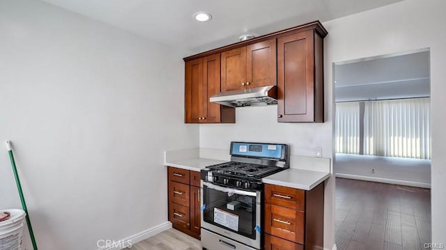 kitchen with light hardwood / wood-style floors and stainless steel gas range oven