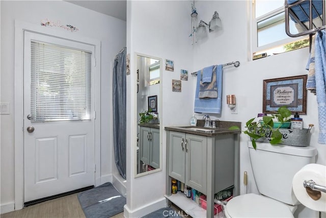 bathroom with a shower with curtain, vanity, toilet, and hardwood / wood-style flooring