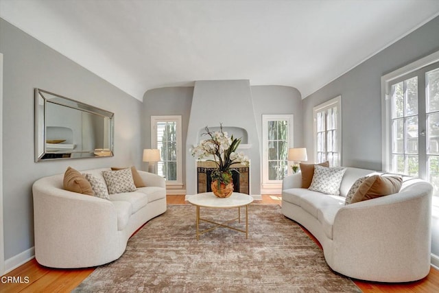 living room featuring baseboards, lofted ceiling, and wood finished floors