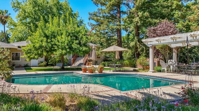 view of swimming pool with a pergola and a patio area