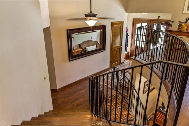 stairway featuring ceiling fan and hardwood / wood-style flooring