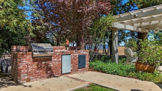 view of patio with area for grilling, a grill, and a pergola