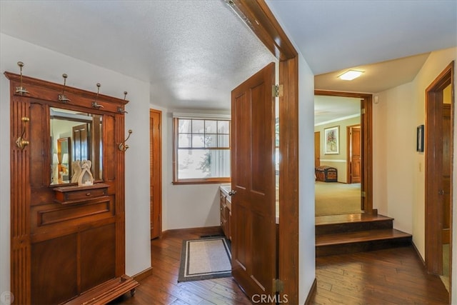 hallway featuring a textured ceiling and dark hardwood / wood-style flooring