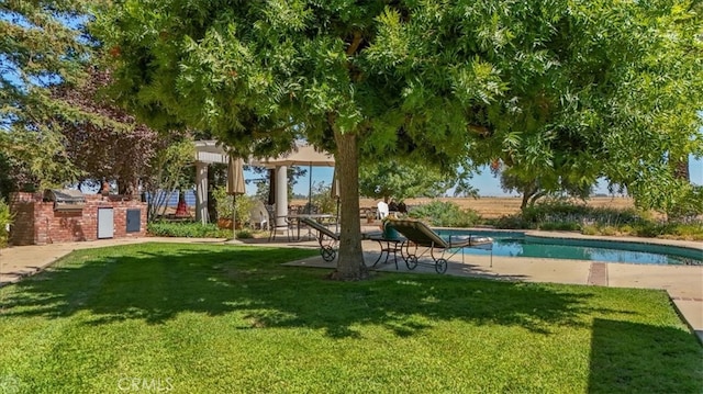 view of swimming pool with a lawn and a patio