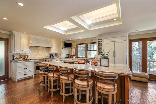 kitchen featuring a healthy amount of sunlight, a large island with sink, dark hardwood / wood-style floors, and high quality appliances