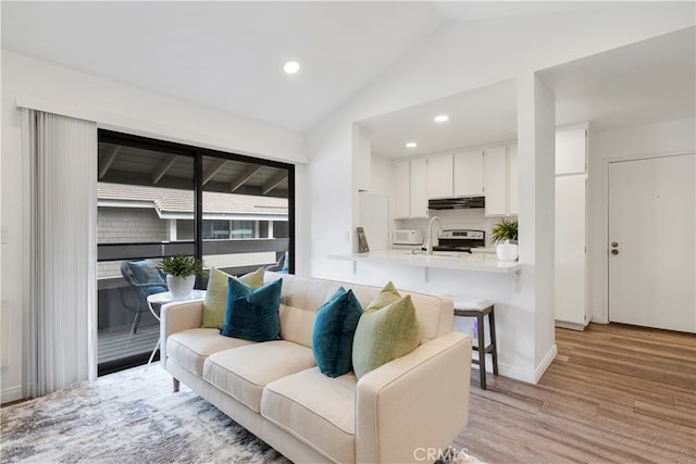 living room with lofted ceiling and light wood-type flooring