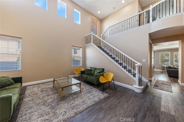 living room with a high ceiling and dark hardwood / wood-style flooring