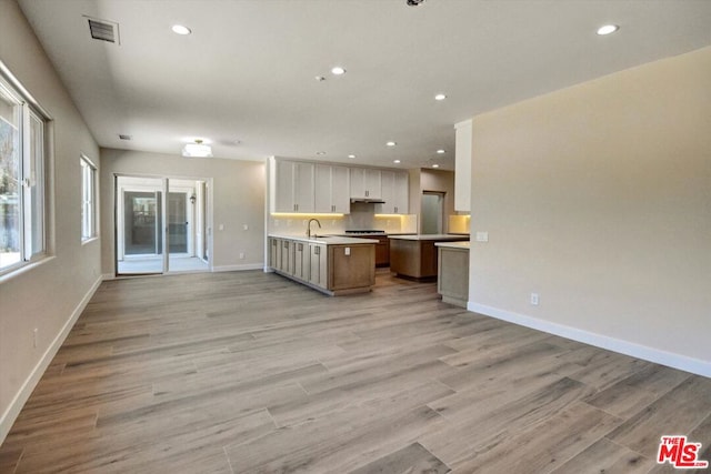 kitchen with light wood-type flooring, white cabinetry, sink, and a large island