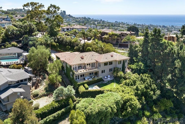 drone / aerial view featuring a water view