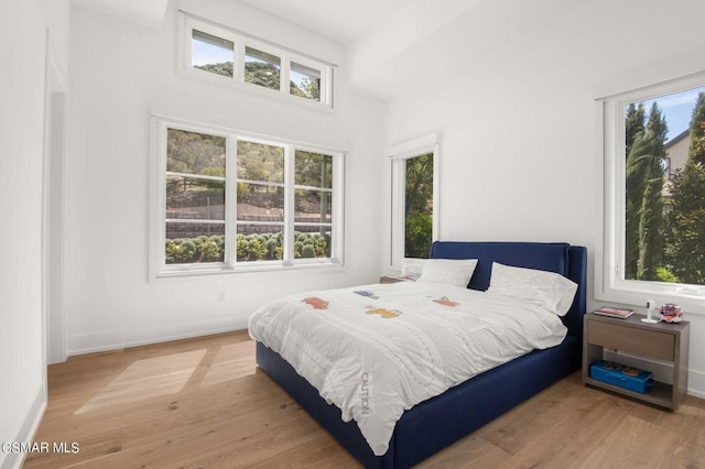 bedroom featuring light hardwood / wood-style floors and multiple windows