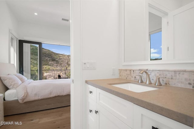 interior space with hardwood / wood-style floors, vanity, and backsplash