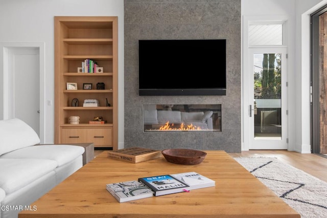 living room featuring a fireplace, built in shelves, and hardwood / wood-style flooring