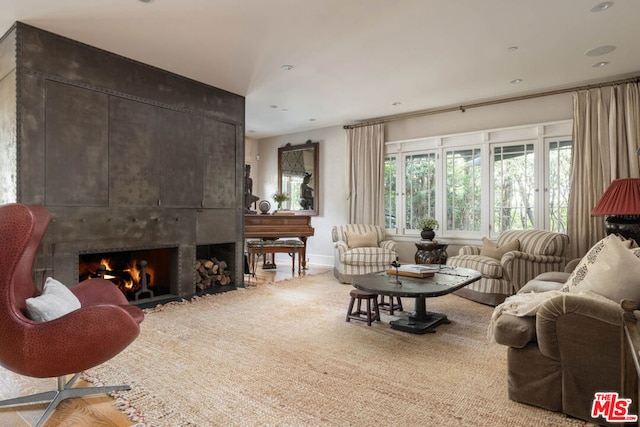 living room with a fireplace