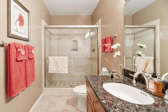 bathroom with vanity, toilet, tile patterned flooring, and an enclosed shower